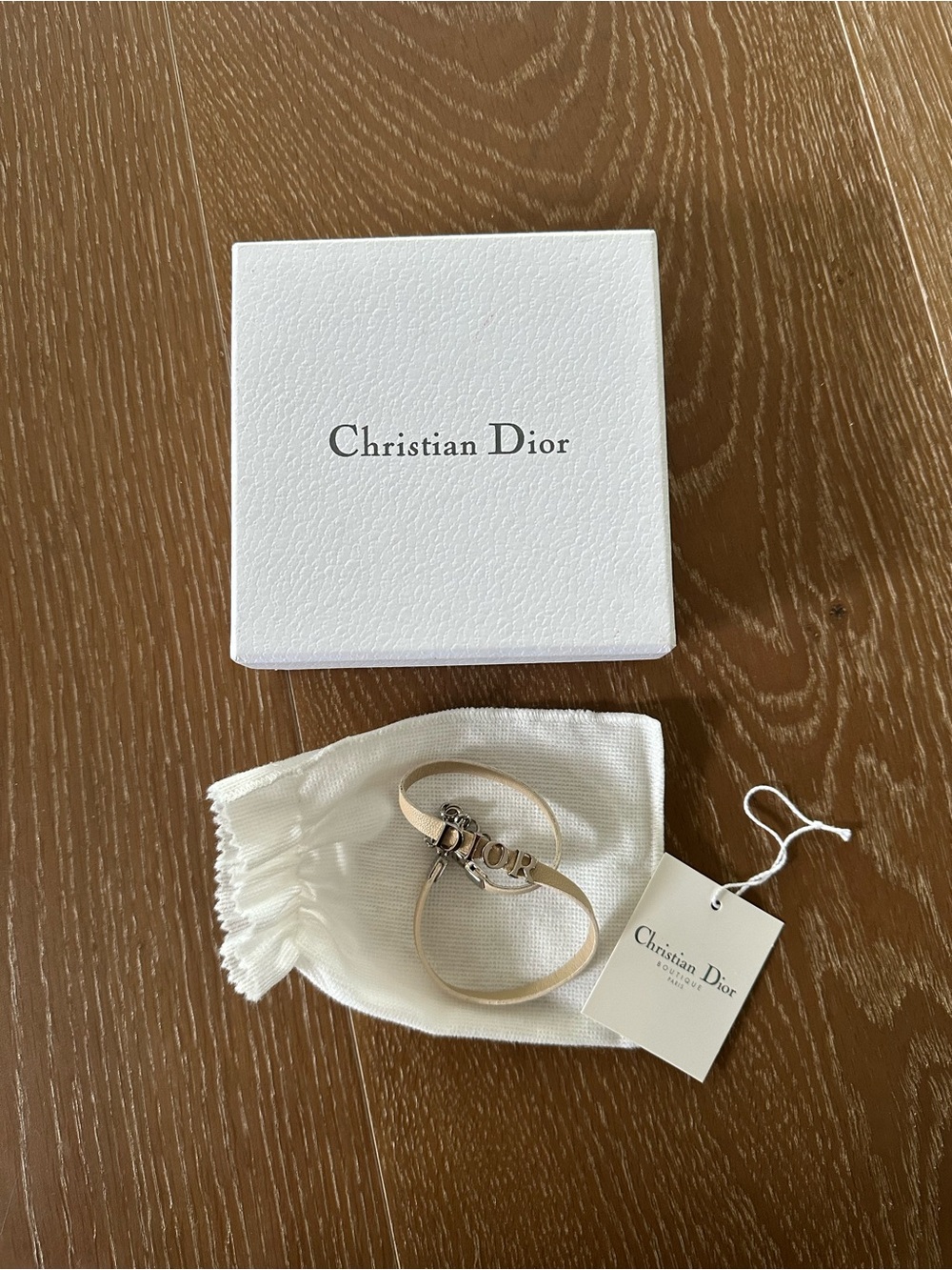 Dior Beige Leather Double Wrap Bracelet / Choker with Silver Logo